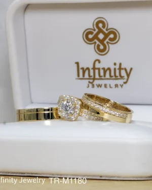 Trío matrimonial halo acabado satinado doble engaste en oro, modelo TR-M1180 - foto 2
