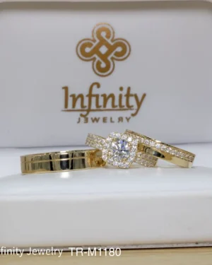 Trío matrimonial halo acabado satinado doble engaste en oro, modelo TR-M1180 - foto 3