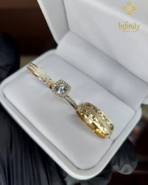 Trío matrimonial halo acabado diamantado doble engaste en oro, modelo TR-M1290 - foto 2