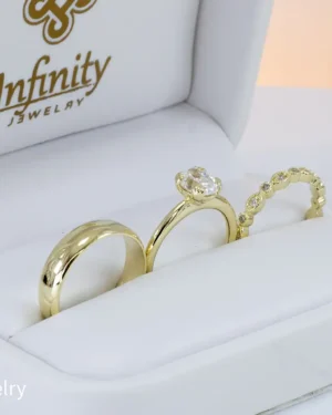Trío matrimonial media caña solitario cera marqués piedra ovalada en oro, modelo TR-M9 - foto 3