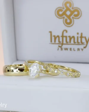 Trío matrimonial media caña solitario cera marqués piedra ovalada en oro, modelo TR-M9 - foto 2